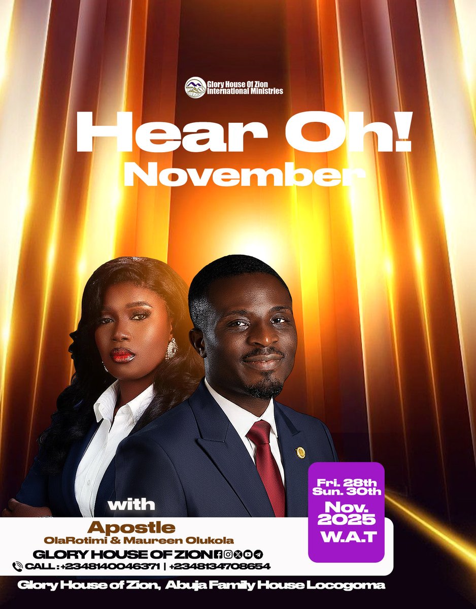 Scai_Encounter's tweet photo. 2025 UPCOMING SPECIAL EVENTS WITH APOSTLE OLAROTIMI &amp; MAUREEN OLUKOLA

KINDLY NOTE THE FOLLOWING
- Check fliers for full details.
- Share to notify others.
- Pray , prepare and plan to attend.
- See you there!

This is Glory House

#ApostleOlaRotimiOlukola
#gloryhouseofzion https://t.co/09ngbpgzT8