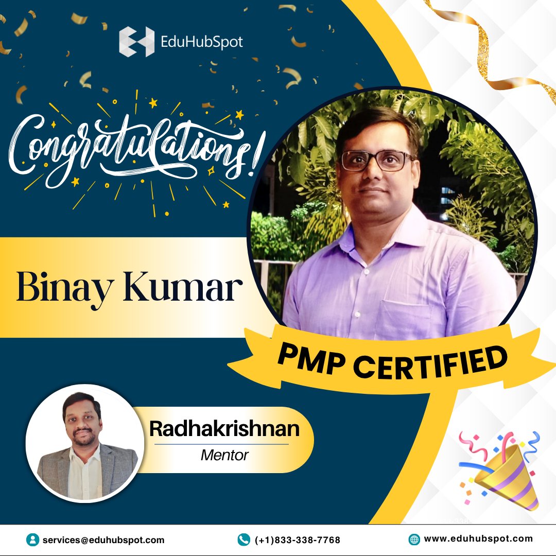 eduhubspot's tweet image. #SpotYourSuccess 🏆
 Congratulations on achieving your PMP Certification, Binay Kumar! You have made us proud by achieving this certification. Wishing you more such milestones in the days to come!
 
 Mentored by : Radhakrishnan PMP®, PMI-ACP®, PMI-ATP®

eduhubspot.com