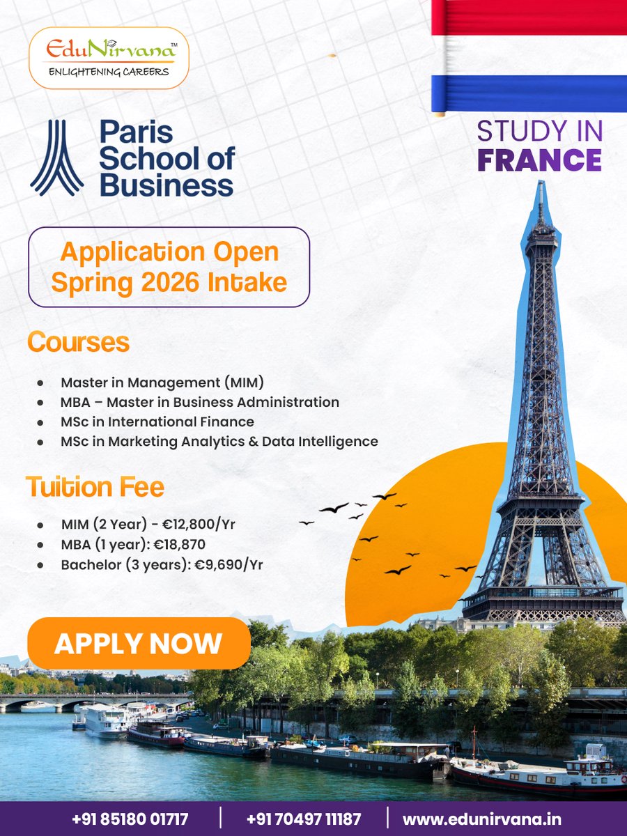 EduNirvana_in's tweet photo. π Study in France β Paris School of Business!
Spring 2026 Intake Open π«π·
Top MiM/MBA/MSc programs πΌ
Tuition from β¬9,690/yearβ¨
#edunirvana #studyabroad #studyinfrance #parisschoolofbusiness #spring2026intake https://t.co/uFVwxjJv4D