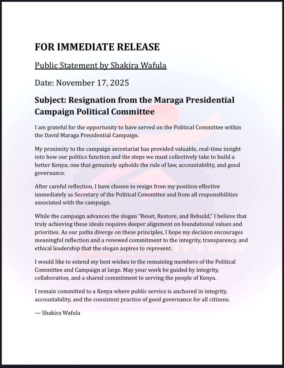 I am grateful for the opportunity to serve on the Political Committee within the Maraga Presidential Campaign.
I have, however, chosen to resign from my position effective immediately.

As our paths diverge on key values, priorities, and decisions within the campaign, I hope that