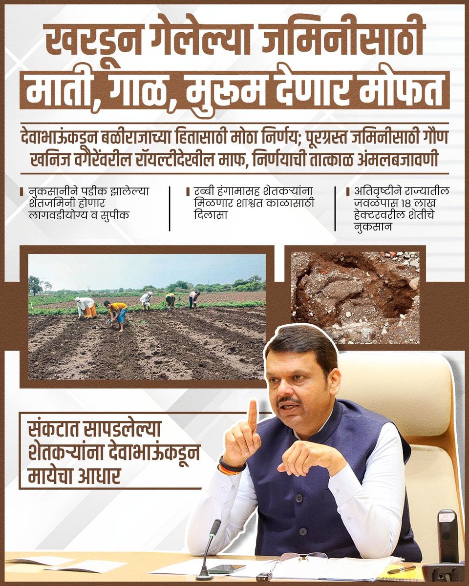 खरडून गेलेल्या जमिनीसाठी माती, गाळ, मुरुम देणार मोफत

देवाभाऊंकडून बळीराजाच्या हितासाठी मोठा निर्णय; पूरग्रस्त जमिनीसाठी गौण खनिज वगैरेंवरील रॉयल्टीदेखील माफ, निर्णयाची तात्काळ अंमलबजावणी
<a href="/Dev_Fadnavis/">Devendra Fadnavis</a>