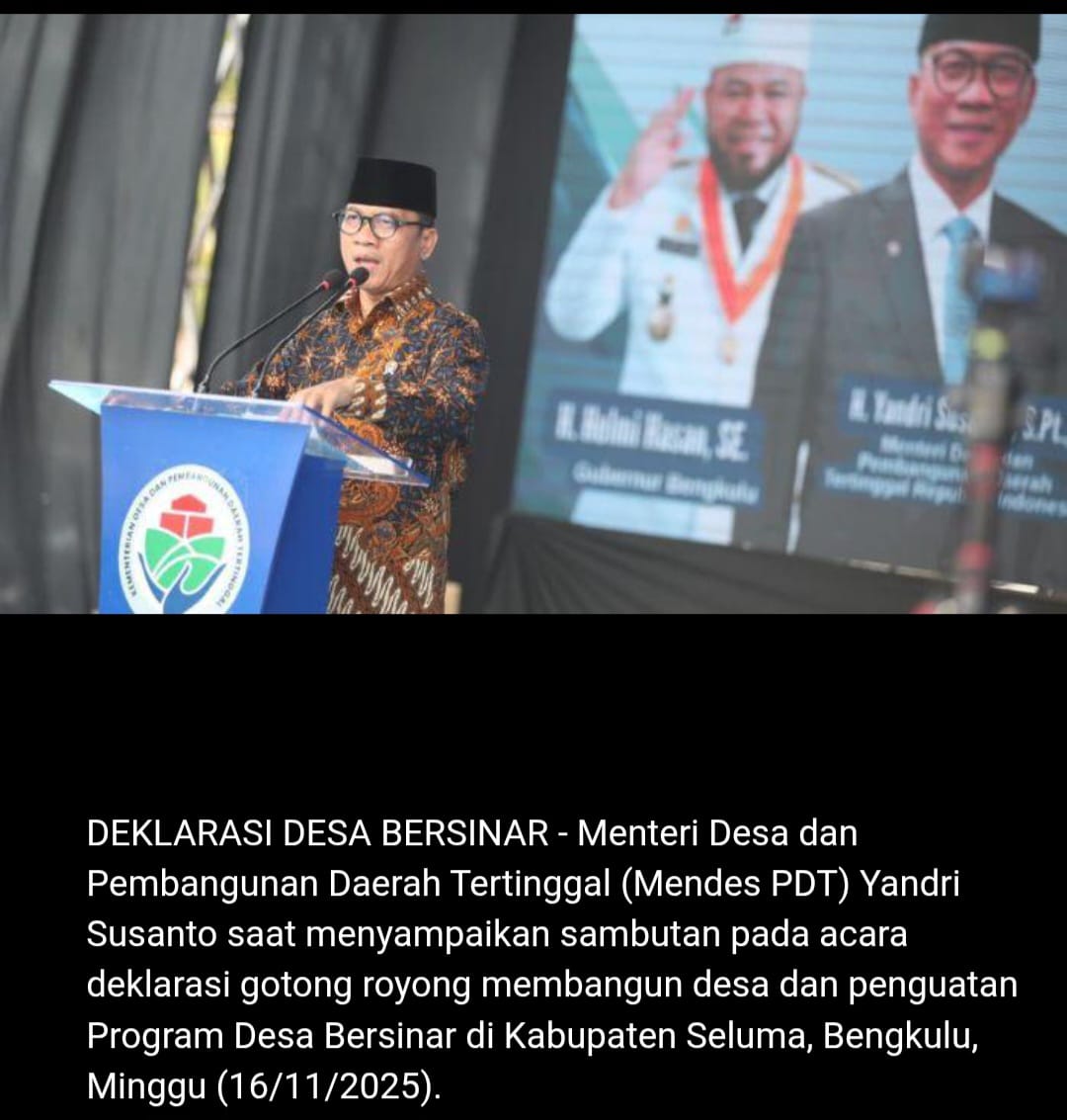 Gotong Royong Membangun Desa; wujud nyata kerja kolaboratif semua pihak dalam Membangun Bangsa

#TerimaKasihYandriSusanto
#SelamatkanDesaDariNarkotika
#DesaBersinar
#DesaGotongRoyong

<a href="/prabowo/">Prabowo Subianto</a>
<a href="/YandriSusanto/">Yandri Susanto</a>
<a href="/ArizaPatria/">Ariza Patria</a>