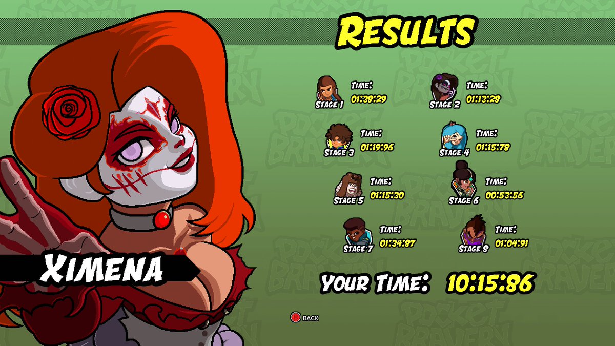 TheDeviot's tweet image. Got all of the player colors in POCKET BRAVERY. Woo! Thanks to @EGuy0613 for stopping in. Just have to figure out how to get that unpriced stage in the shop. Ximena is the coolest character in the game hands down.