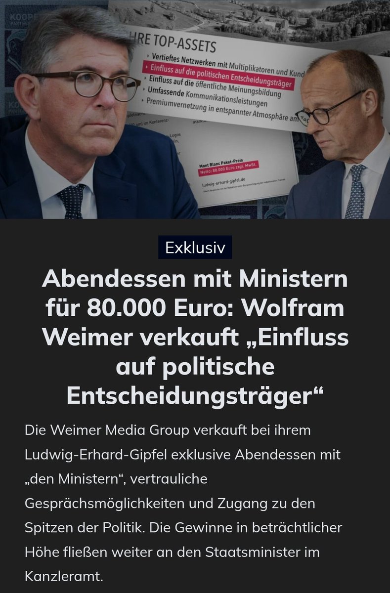 Ab jetzt sind wir auch ganz offiziell eine Bananenrepublik!
"Abendessen mit Ministern für 80.000 Euro: Wolfram Weimer verkauft „Einfluss auf politische Entscheidungsträger“
apollo-news.net/abendessen-mit…