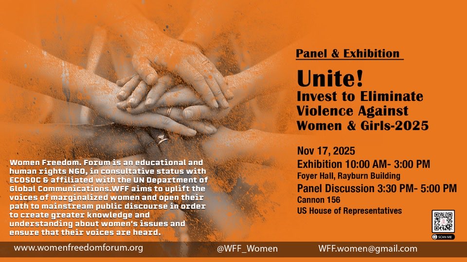 Join us TODAY for Unite2025! Invest to Eliminate Violence Against Women &amp; Girls. 🧡
📍 US House of Representatives 🕥 Exhibition: 10AM-3PM (Foyer Hall, Rayburn Bldg) 🕞 Panel: 3:30-5PM (Cannon 156)
Empower voices, end violence
 #16DaysOfActivism #OrangeTheWorld