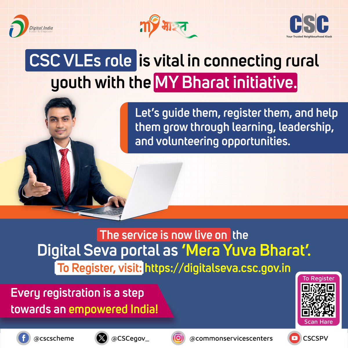 CSCegov_'s tweet image. CSC VLEs role is vital in connecting rural youth with the MY Bharat initiative.

Let’s guide them, register them, and help them grow through learning, leadership, and volunteering opportunities.

The service is now live on the Digital Seva portal as ‘Mera Yuva Bharat’. To…