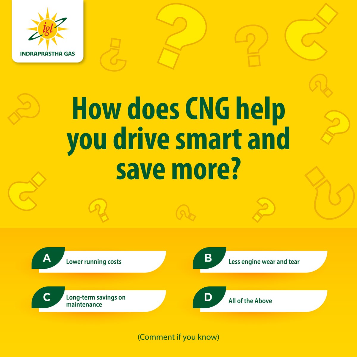 IGLConnect's tweet image. Comment your answer below and show how well you know your green fuel!

Visit us at iglonline.net or please contact: 1800-102-5109 or 1800-419-5109

#IGL #CNG #DriveSmartSaveMore #CNGBenefits #CleanEnergy #QuizTime