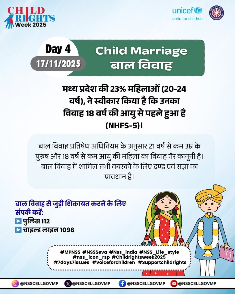 बाल संरक्षण सप्ताह 2025

आज अभियान का चौथा दिन है, जो “बाल  विवाह (Child marriage)” विषय पर आधारित है। आइए, राष्ट्रीय सेवा योजना मध्य प्रदेश के साथ मिलकर बाल लैंगिक शोषण के उन्मूलन के लिए जागरूकता फैलाएँ और बच्चों के सुरक्षित भविष्य का संकल्प लें।

#MPNSS
#ChildRightsWeek2025