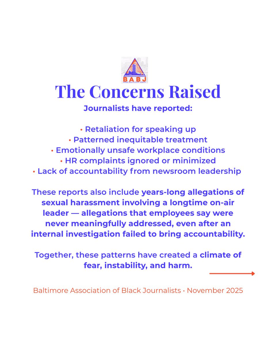 BABJ_md's tweet photo. Today, BABJ releases a formal statement addressing credible claims of leadership failures, retaliation, racial inequities, and alleged sexual harassment at @wjz, a CBS-owned station in Baltimore.

We are calling for immediate accountability and a meeting with station leadership. https://t.co/jJFZ3TqOuF