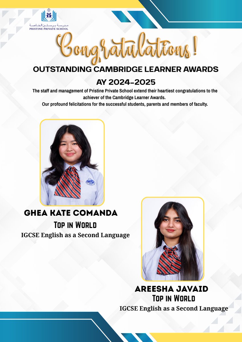 A proud moment for our school! #PristineSecondary #PristineSixthForm students achieved 10 <a href="/CambridgeInt/">Cambridge International Education</a> Outstanding Learner Awards across Math, Biology, Physics, Computer Science, English &amp; Travel &amp; Tourism-a remarkable testament to their dedication, talent &amp; academic excellence!