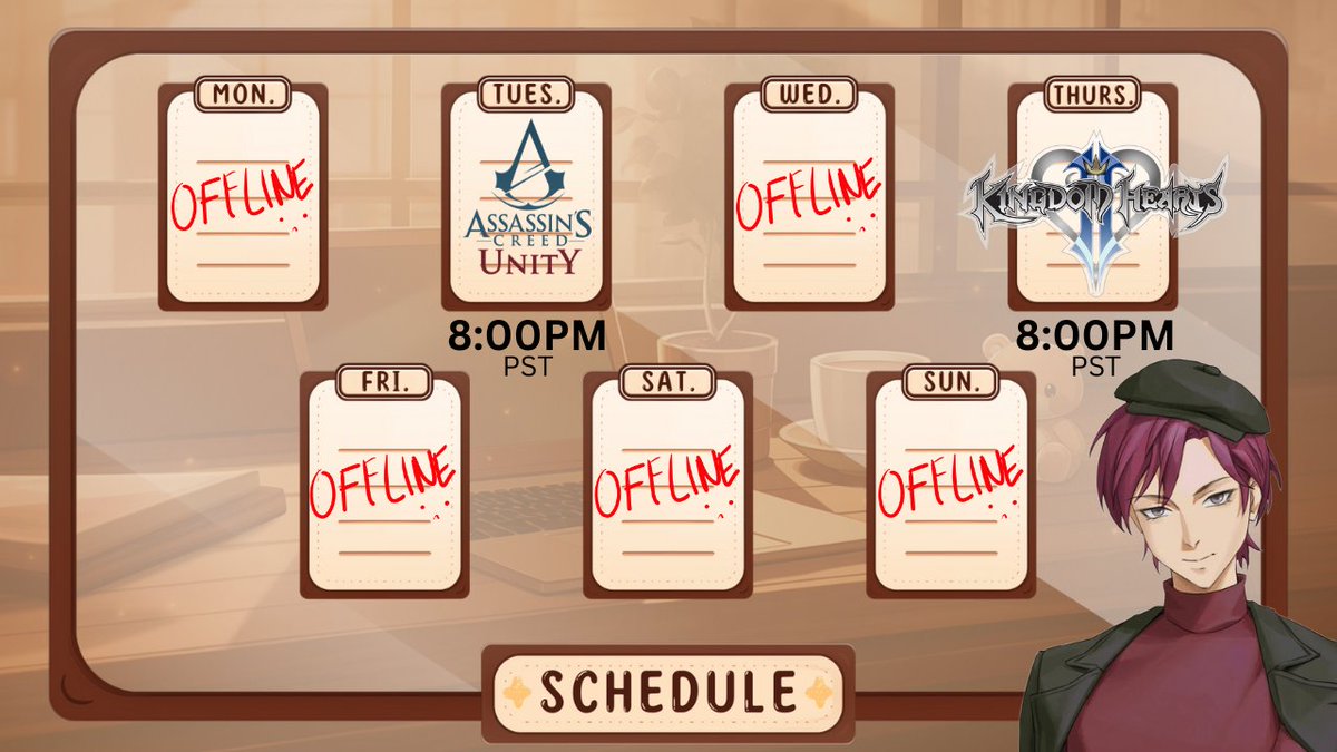 stream schedule for November 17-23 

tuesday: assassins creed unity (part-1) 
thursday: kingdom hearts 2 final mix 

twitch.tv/crestedz
youtube.com/@crestedz/stre… 

hope to see ya there!!!!!!!