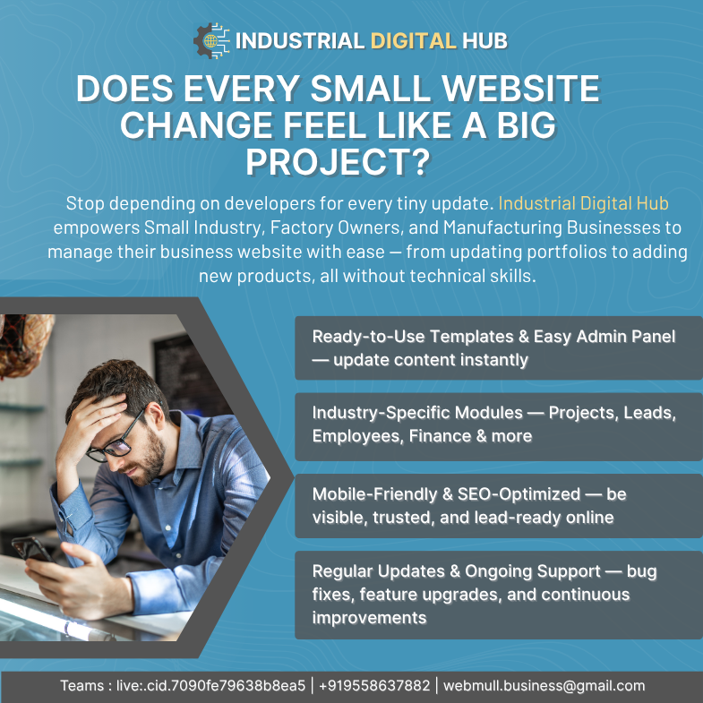 webmullDev's tweet photo. Tired of relying on developers for small website updates? 
With #IndustrialDigitalHub (#IDH) by #WEBMULL, #FactoryOwners &amp; #SmallIndustry can edit products, content &amp; projects anytime — no tech skills needed!
🌐 https://t.co/YaLsarHYvg https://t.co/ha7Fv0nifP
