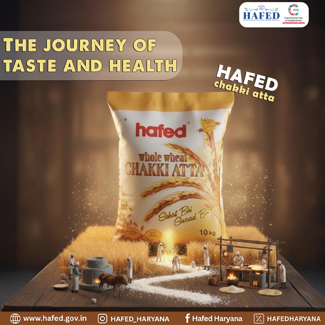 hafedharyana's tweet image. The Journey of Taste and Health brought to you by HAFED Chakki Atta. Authentic whole wheat goodness! 
#HAFED #ChakkiAtta #WholeWheatAtta #TasteAndHealth #SehatBhiSwaadBhi #IndianFood