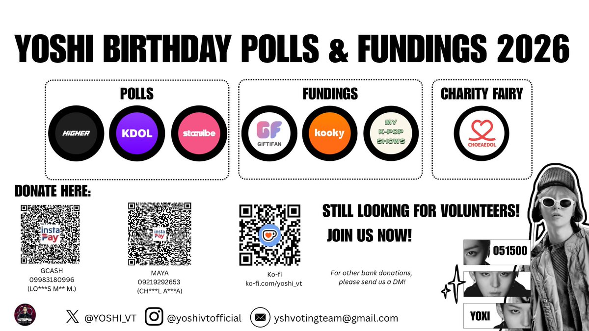 ‼️YOSHI 2026 Birthday Fund Drive‼️

We’re starting preparations early so we can secure polls, ads, and charity projects for Yoshi’s birthday. See poster for QR codes—any amount helps a lot! Your support is truly aporeciated❤️

We’re also looking for more volunteers to join the
