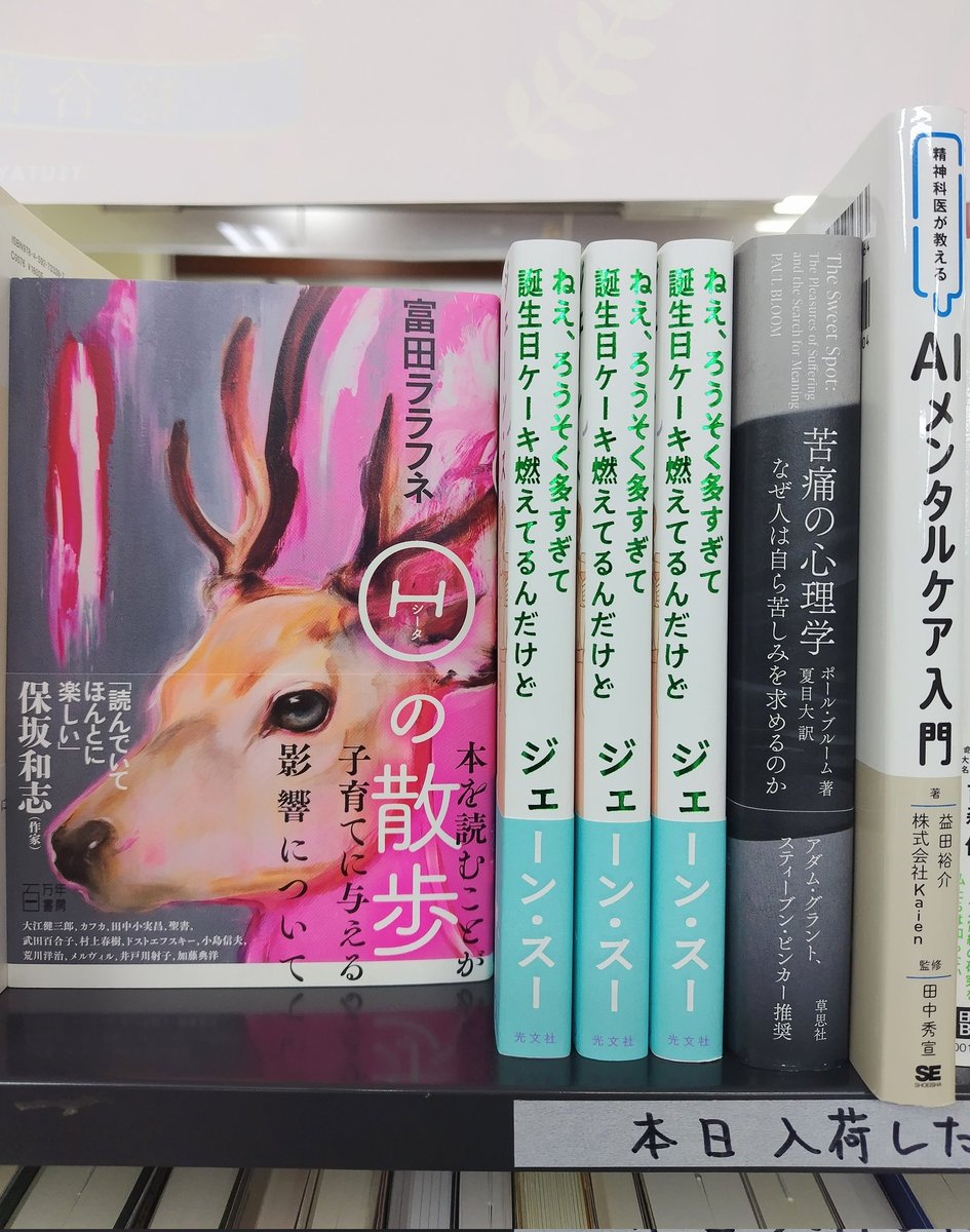 11月17日の新入荷／その1

富田ララフネ『Θの散歩』（百万年書房）
ジェーン・スー『ねえ、ろうそく多すぎて誕生日ケーキ燃えてるんだけど』（光文社）
ポール・ブルーム/夏目大 訳『苦痛の心理学』（草思社）
益田裕介,株式会社Kaien/田中秀宣 監修『精神科医が教える AIメンタルケア入門』（翔泳社）