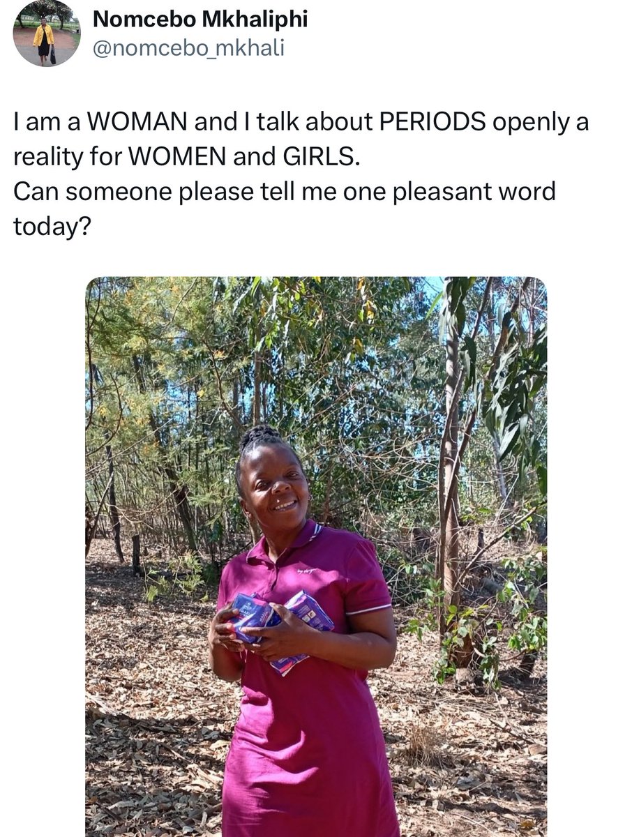 This is <a href="/nomcebo_mkhali/">Nomcebo Mkhaliphi</a>. Her life’s work is to destigmatize menstruation, and she also brings free menstrual products to rural African women. The TRAs hate her, of course, just as they hate anyone who points out that there are experiences which only women and girls can have. 

If