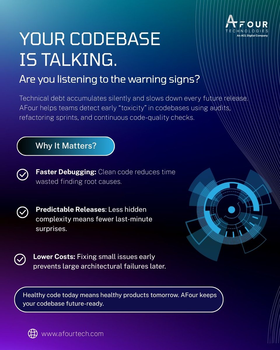 AFourTech's tweet image. Clean code isn’t optional — it’s a long-term performance multiplier.
AFour helps teams manage technical debt before it impacts delivery. ⚙️✨
#TechnicalDebt #CodeQuality #AFour #ACL #ALTEN #EngineeringExcellence