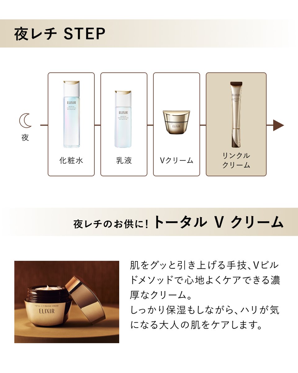 elixir_TW's tweet image. 【リンクルクリーム、朝晩使いのススメ】

純粋レチノール*を配合したエリクシールのリンクルクリームは、
みずみずしくなじむテクスチャーで、朝晩どちらのケアにもおすすめ♪

朝と夜それぞれ一緒に使っていただきたいアイテムもご紹介しているので、
ぜひ画像からCheckしてみてくださいね📝…