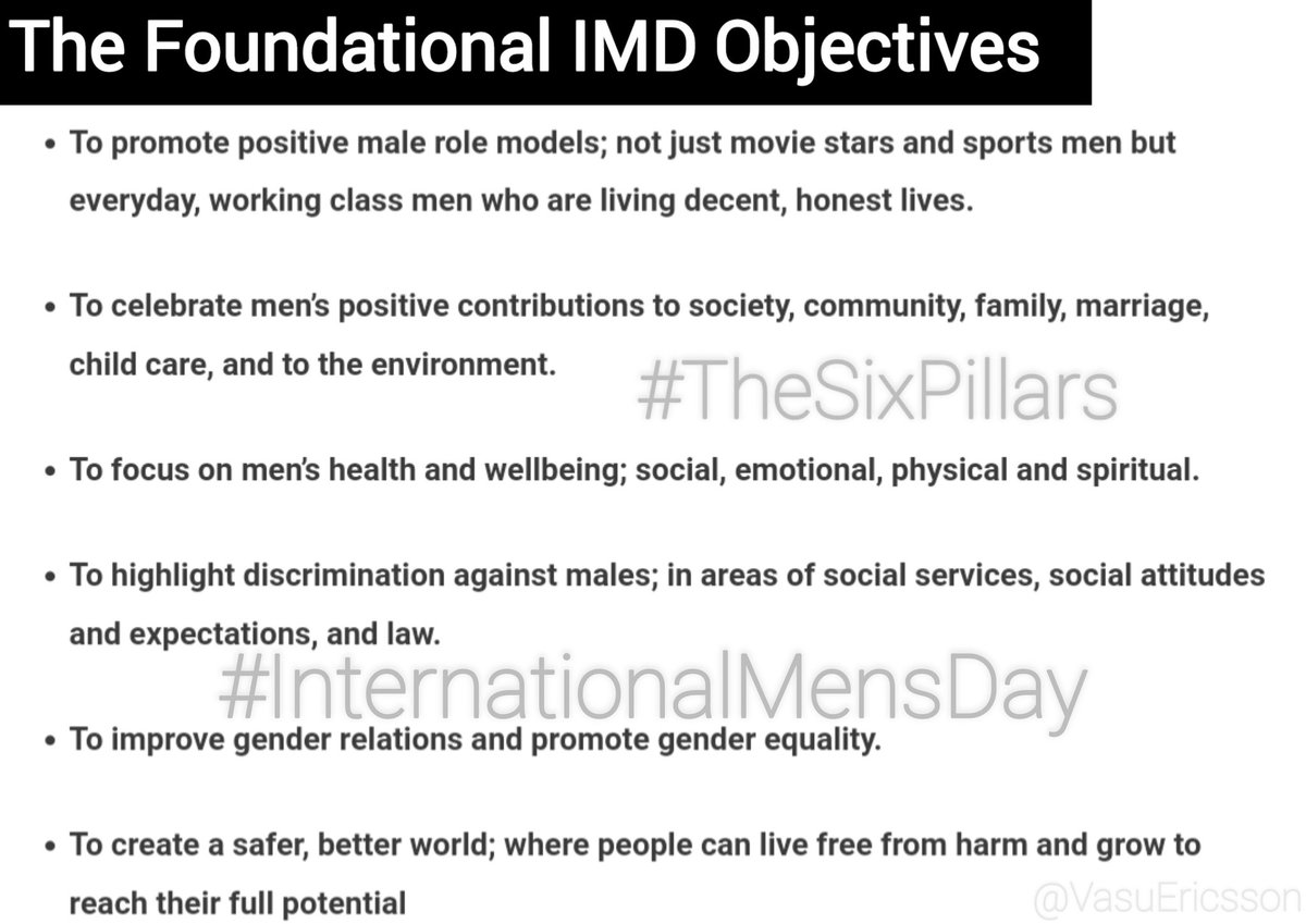 Understanding the 'Six Pillars' / foundational objectives / Guiding principles of #InternationalMensDay by #ThomasOaster 

NOTE (as mentioned by <a href="/Gynocentrism/">Peter Wright</a> ) : IMD belongs to everyone and no one, it is a truly decentralised event. 

 #IMD25 #JeromeTeelucksingh
