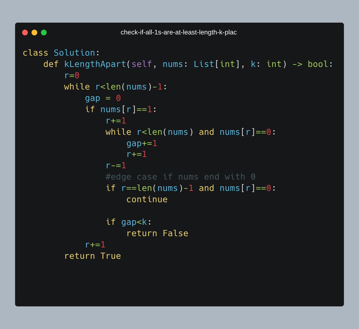 piyushmalik34's tweet image. Day 45 of #100daysofcoding: 🔍 Check If All 1S Are At Least Length K Places Away  
Iterates through `nums`, tracking zeros between ones to verify gaps meet `k`. Skips trailing zeros with edge case handling.  
🕒 O(n) time, O(1) space — efficient and direct! 🚀 #learninpublic