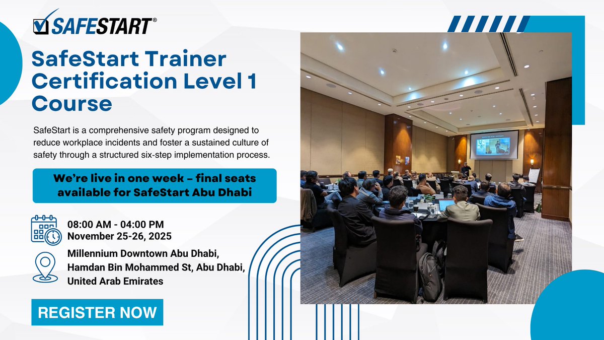 HSE_Review's tweet image. Only 7 days left! Join the SafeStart Level 1 Workshop in Abu Dhabi (25–26 Nov).

Learn from Larry Wilson, boost safety skills &amp;amp; earn your certification.

Seats are nearly full — register now: zurl.co/JNQRN

#SafeStart #HSE #SafetyCulture