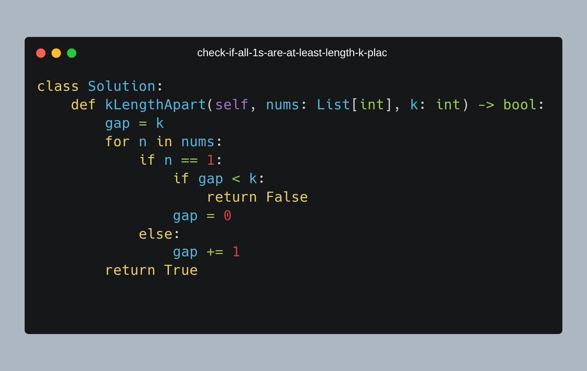 piyushmalik34's tweet image. Day 45 of #100daysofcoding: 🔍 Check If All 1S Are At Least Length K Places Away  
Iterate through `nums`, track gaps between 1s; if gap &amp;lt; k, return False. Reset gap on 1, increment on 0.  
⏱️ O(n) time, O(1) space. Clear and efficient! 🚀

---

**Support Pollinati #learninpublic