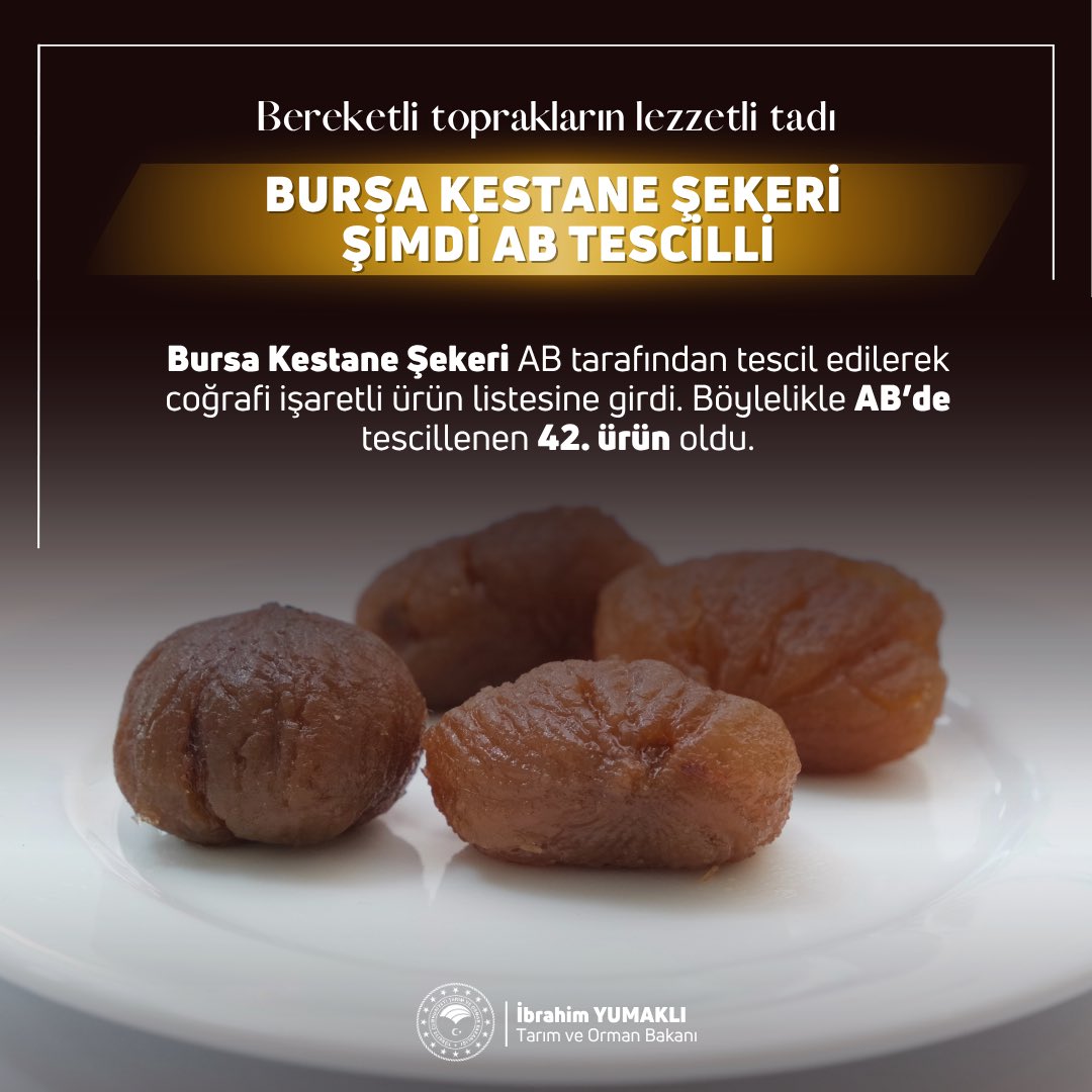 Ülkemize ait eşsiz lezzetlerimiz sınırları aşmaya devam ediyor.🇹🇷

📍Bursa Kestane Şekeri ve
📍İpsala Pirinci’nin AB’den coğrafi işaret tescili almasıyla, tescilli ürün sayımız 42’ye yükseldi. 

Coğrafi işaretli ürünlerimiz bölgelerinin bereketli topraklarına bereket katacak.