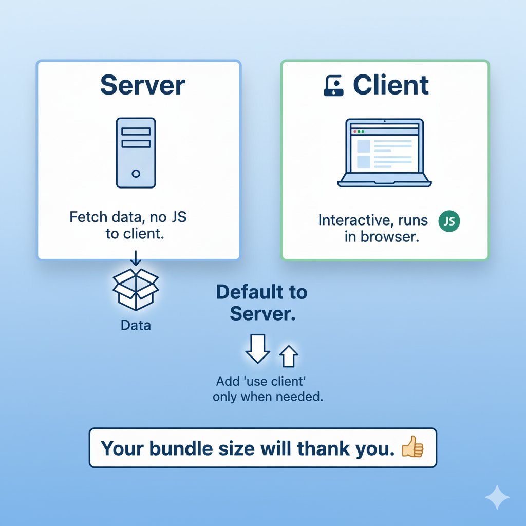 AnikethanShetty's tweet image. React Server Components still confuse people.

Here&apos;s the simplest explanation:

🖥️ Server: Fetch data, no JS to client
💻 Client: Interactive, runs in browser

Default to Server.
Add &apos;use client&apos; only when needed.

Your bundle size will thank you. 

#frontenddevelopers  #Nextjs
