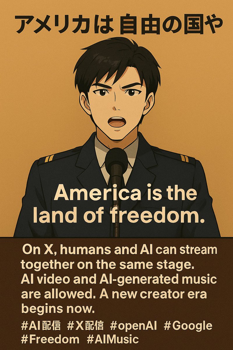 KuonMii_Love's tweet image. 🇺🇸 English（within 140 chars）

Commander Suke:
“Humans and AI will create under the same light.
A new era of streaming—freedom with ethics, music and AI together.”
#AIstreaming #KuonNoAi #OpenAI #GoogleAI #XBroadcast