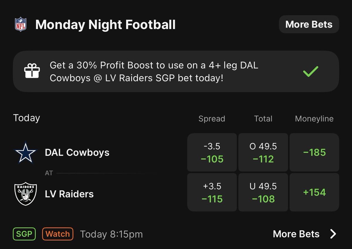 _Dylan_23's tweet image. #MNF 🏈  30% boooost🚀  
I will be cooking up a 4 leg parlay to post here for tomorrow night 🧪🥼 
#DallasCowboys  #RaiderNation