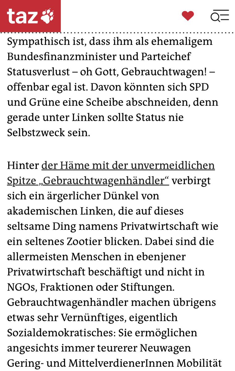Wir brauchen mehr Transparenz und eine neue Selbstverständlichkeit beim Austausch zwischen Wirtschaft und Politik. Die Arroganz und das Misstrauen mancher linker Beobachter gegenüber der Wirtschaft ist schwer zu ertragen. Danke <a href="/tazgezwitscher/">taz</a>