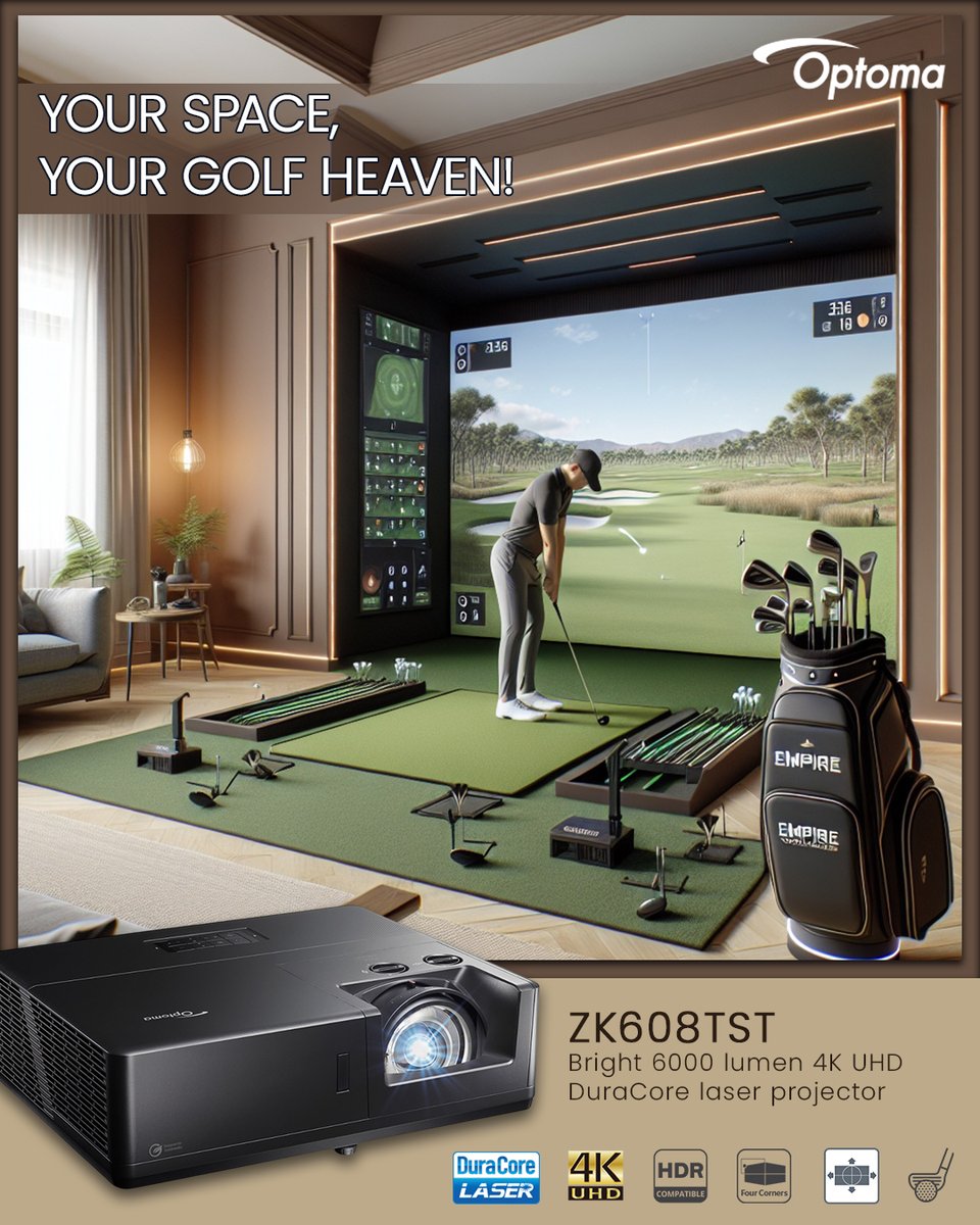 Turn your space into your personal golf heaven. ⛳️
With the Optoma ZK608TST, experience bright 4K laser projection that makes every swing feel real.
Perfect for home setups, studios, clubs &amp; indoor sports zones.

#Optoma #OptomaIndia #GolfSimulator #4KProjector #LaserProjector