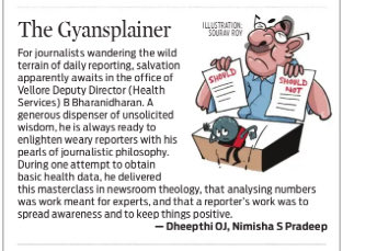 JDheepthi's tweet image. When asked for health department data, #Vellore DD Health B Bharanidharan tells us not to seek it, saying data analysis “isn’t a journalist’s job” and that our job is only to spread “awareness” and positive news. @xpresstn