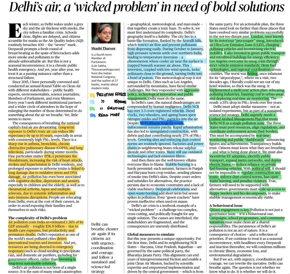 DecodeCIVILS's tweet image. T-1163: Sh. Shashi Tharoor has penned down reasons, issues and solutions of the complex pollution problem in rather simple words (Yes!!).

#UPSC #DelhiPollution #AQI #Pollution #Environment #Prelims #Mains #CurrentAffairs