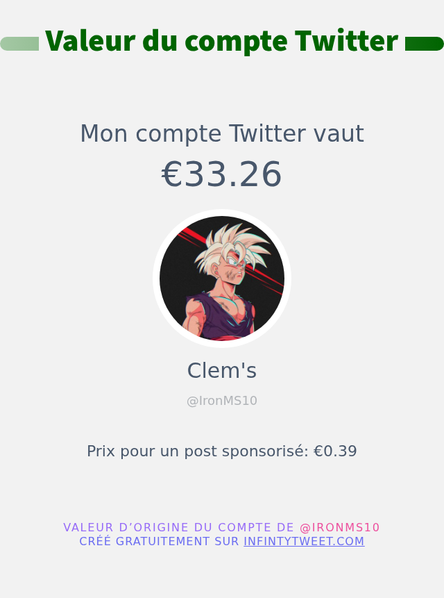 IronMS10's tweet photo. Mon twitter vaut: €33.26

➡️ https://t.co/GJAfgv3rsS https://t.co/z5HGPK84E2