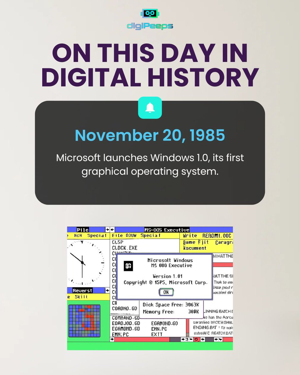 digiPeepsAU's tweet image. On this day in 1985, Microsoft launched Windows 1.0, replacing command lines with a mouse click and a new graphical interface. It wasn’t a hit at first, but it marked the beginning of the PC revolution.

#OnThisDay #TechHistory #Microsoft #Windows #1985 #Innovation