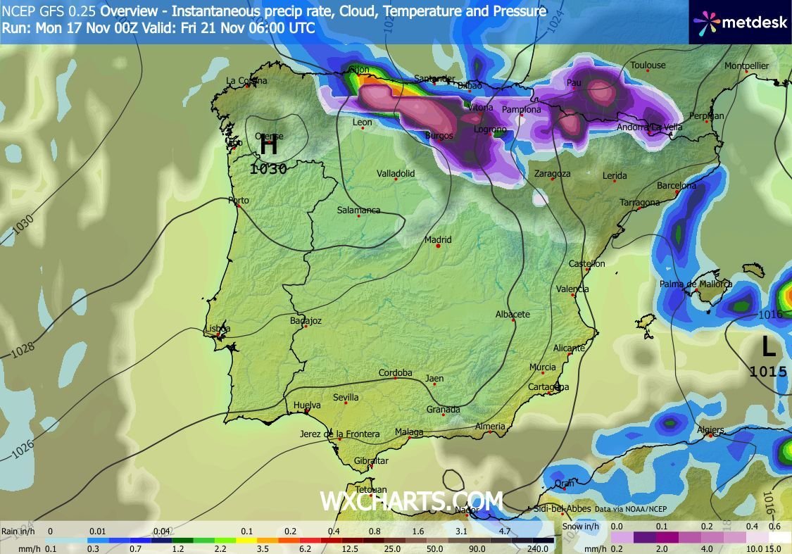 Sortida 00Z 17/11/25 wxcharts.com model #GFS #meteo #prediccio #fred #neu #nevada #precipitacions #inestabilitat  Bona nevada al Nord de la Península Ibèrica... + 102 h
