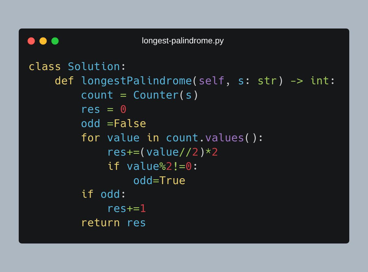 piyushmalik34's tweet image. Day 45 of #100daysofcoding: 🔍 Longest Palindrome problem!  
📊 Count character frequencies, sum pairs, and add a center if any odd count exists.  
🕒 O(n) time &amp;amp; O(1) space (limited char set).  
Keep building palindromes efficiently! 🚀 #learninpublic
