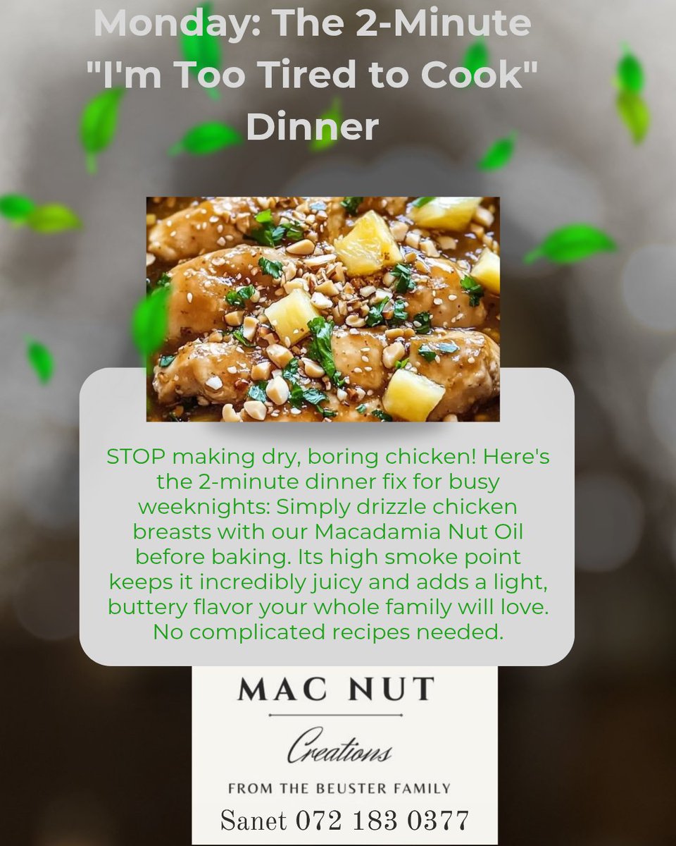 Suzettefire's tweet image. 👉 NO MORE DRY CHICKEN! Tap the link in our bio to get your kitchen lifesaver - Macadamia Nut Oil! Click the link to  chat with Sanet on WhatsApp 👉 wa.me/+27721830377.

#MacNutCreations #EasyDinner #CookingHack #HealthyMom #WeeknightDinner