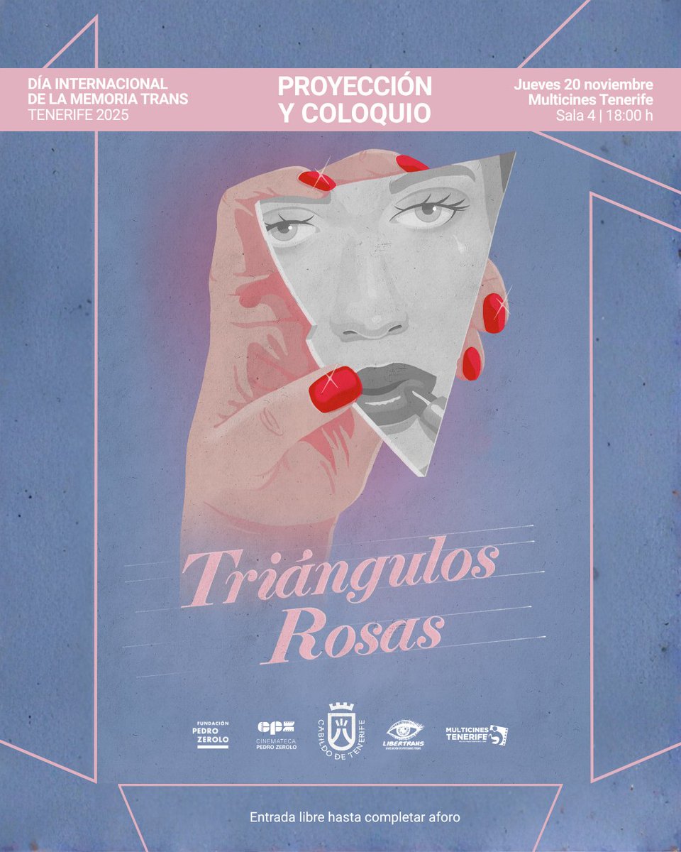 🏳️‍⚧️El próximo 20 de noviembre, con motivo del Día Internacional de la Memoria Trans, se proyectará el documental "Triángulos Rosas". La proyección será en la Sala 4 de Multicines Tenerife, en La Laguna, y contará con un posterior coloquio.