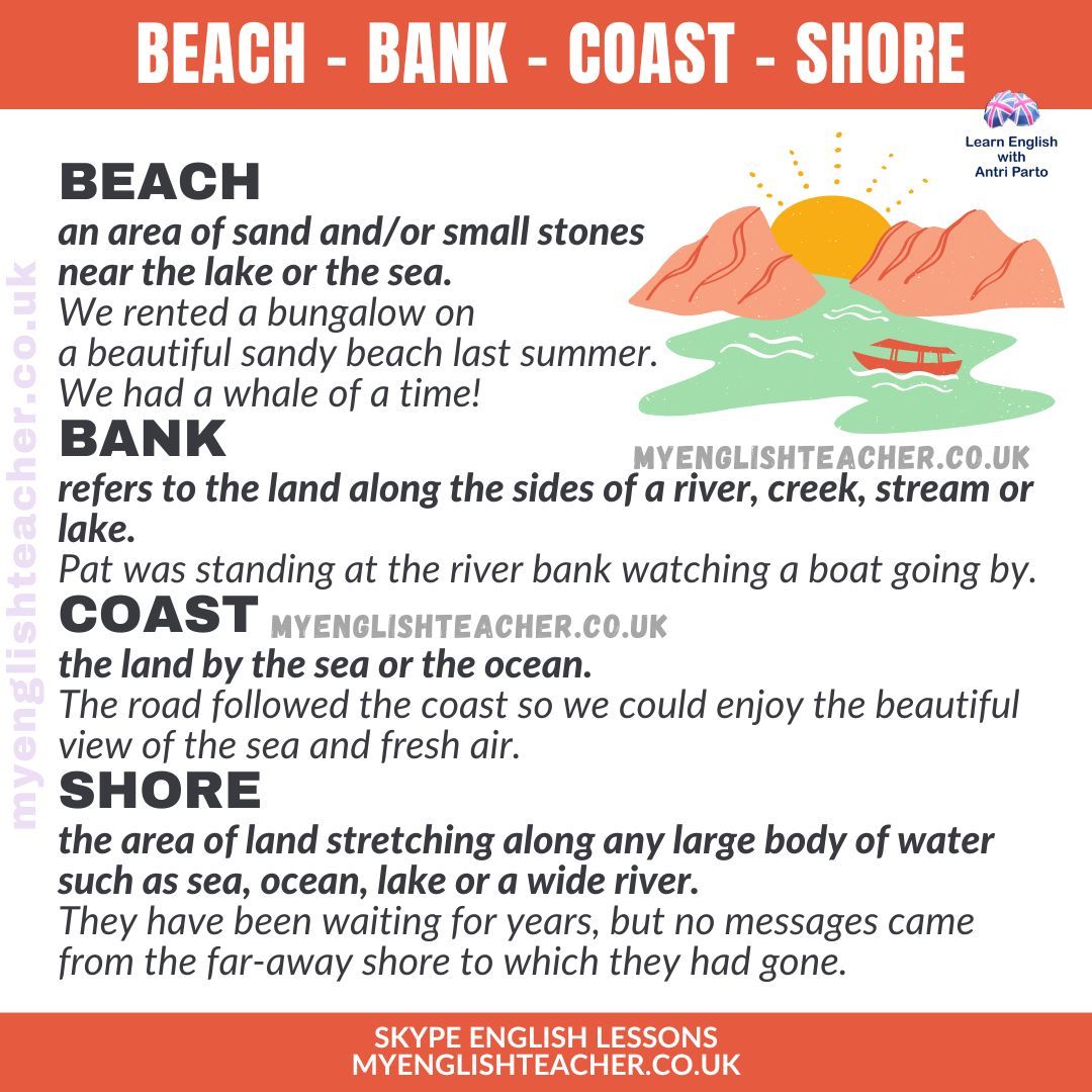 MyLinguaAcademy's tweet image. Learn about the difference between beach, bank, coast, &amp;amp; shore
#learnenglish