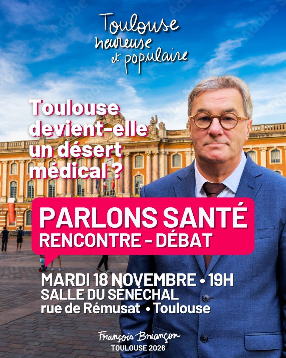 🩺 La santé, l’accès aux soins : une priorité pour les #Toulousaines et les #Toulousains.
Pour en parler, pour vous écouter et pour vous présenter nos propositions.
📅 je vous donne rendez-vous mardi 18 novembre à 19h,
📍 salle du Sénéchal, rue de Rémusat, #Toulouse