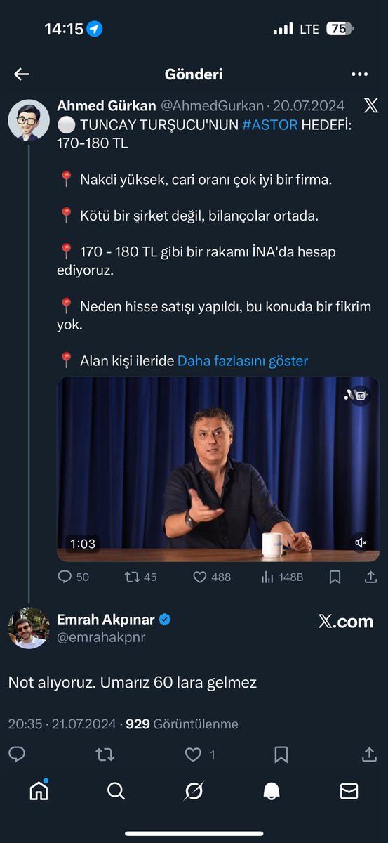 Bu piyasanın zatı muhteremi öngörülü hocamız zaman vermeden, piyasa 96 lirayken video çekiyor. Bende altına yorum yapmışım. Videodan sonra 60 liraya düşüyor tabi hisse. #ASTOR piyasada kendin haricini takip etmemek önemli.