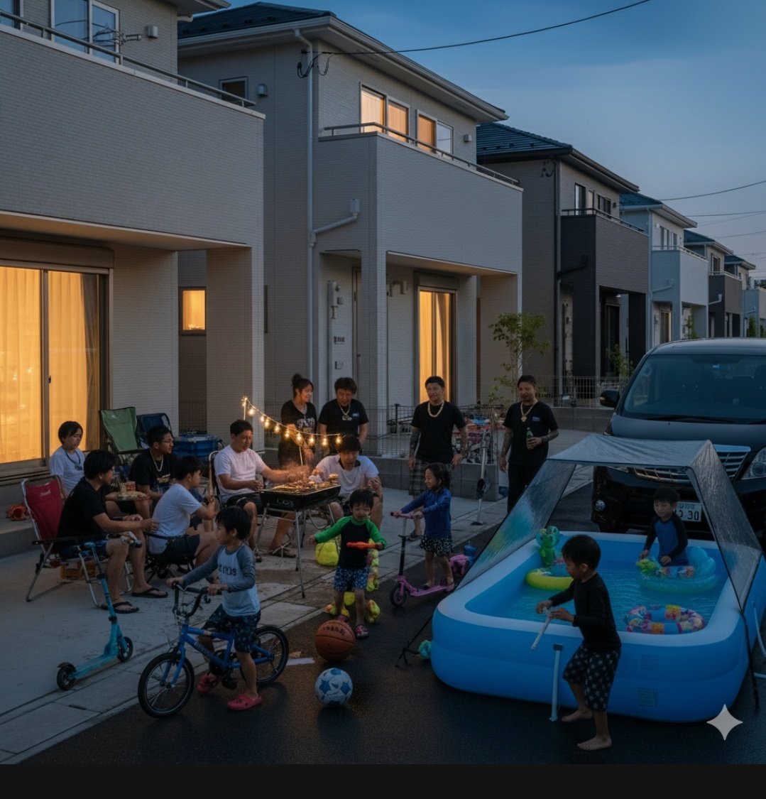 自宅BBQのイメージはこれ🥹
住宅密集地の極小敷地
毎週のように仲間が集まり
車は路駐、夏はビニプも道路へ設置、花火までのフルコース
大人達は酒が入り大声で騒ぐ
子供たちは奇声をあげて道路遊び
昼から夜遅くまで1日中続く

これが１年中
夏に限らず冬もやってる #道路族 

※AI画像