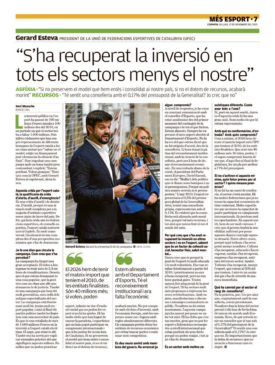 📰 “S’ha recuperat la inversió en tots els sectors menys el nostre”. 

▶️ Entrevista a l’<a href="/lesportiuCAT/">L'Esportiu de Catalunya</a> on hem tractat la falta d’inversió pública en l’esport i hem recordat que les subvencions finalistes encara estan al 50% del que teníem al 2010. 

🔗 Llegeix la notícia: