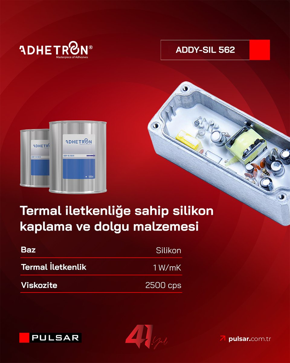 ADDY-SIL 562, mükemmel termal iletkenlik özelliklerine sahip, iki bileşenli, oda sıcaklığında kürlenen bir silikon kaplama ve dolgu malzemesidir.

#addysil562 #adhetron #kaplama #dolgu #potting #encapsulation #pulsar #pulsarkimya #kimya