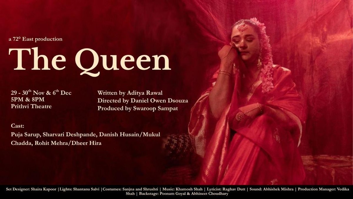 YoSwaroop's tweet image. After a sold out opening run at the Prithvi Festival-
Aditya Rawal’s English play
“THE QUEEN”
returns to the Prithvi Theatre 
- for weekend shows in Nov &amp;amp; Dec.
Tickets available on @bookmyshow 
Shows on -
29th &amp;amp; 30th Nov (Sat &amp;amp; Sun): 5PM &amp;amp; 8PM
6th Dec (Sat) - 5PM &amp;amp; 8PM