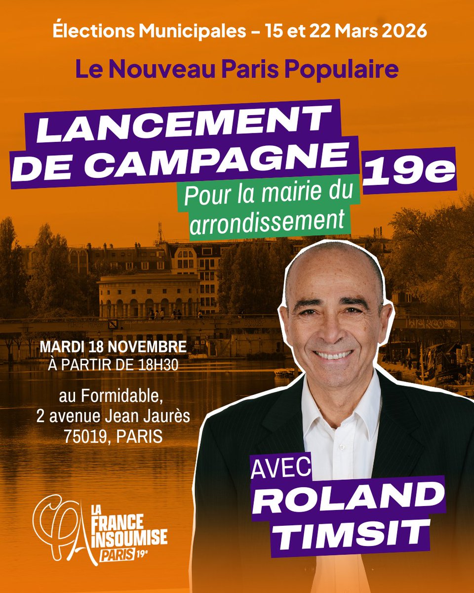 LFIParis19's tweet photo. Lancement de campagne dans le 19e !

Nous vous donnons rendez-vous mardi soir, au bar le Formidable, à partir de 18h30 pour le lancement de campagne de Roland Timsit en présence notamment de @Deputee_Obono et @S_Legrain !

En route vers un Nouveau Paris Populaire #AvecSophia 💫 ! https://t.co/PKShlLUdFT