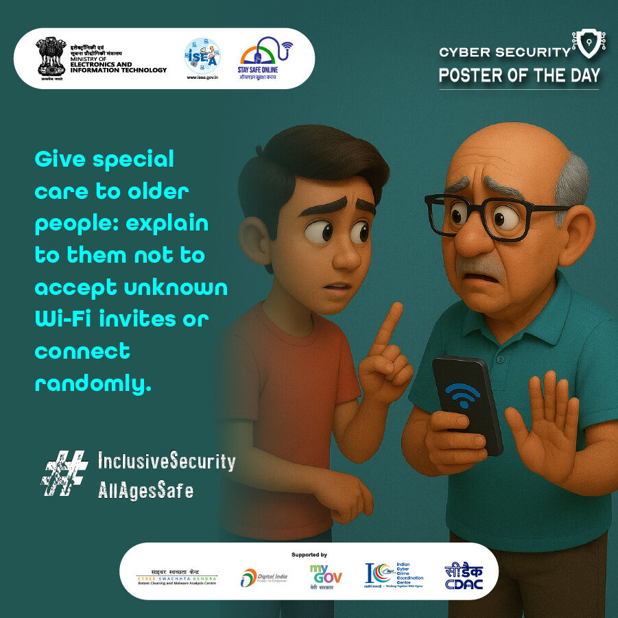 SSOIndia's tweet image. #Poster: “Did you know connecting to unknown Wi-Fi can put your data at risk? Teach older adults to stay secure and surf safely.”

#CyberSafety #DigitalSecurity #OnlineSafety #WiFiSafety #TechAwareness #InclusiveSecurity #AllAgesSafe #DataProtection #SafeBrowsing #CyberAwareness…