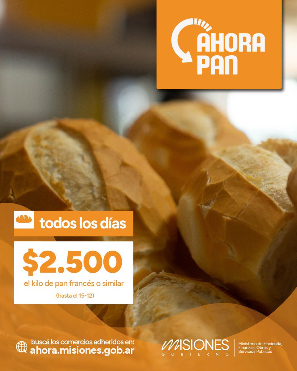 adolfosafran's tweet image. #AhoraPan #Misiones
EL PROGRAMA AHORA PAN CONTINÚA MANTENIENDO SU VALOR DE REFERENCIA A $2.500 EL KILO HASTA EL 15 DE DICIEMBRE

El programa Ahora Pan seguirá vigente sin actualización en su valor máximo que continuará siendo de hasta $2.500 hasta el próximo 15 de diciembre,…